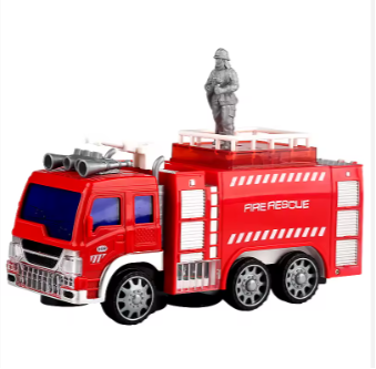 Red toy fire truck with firefighting cannon and roof ladder figure