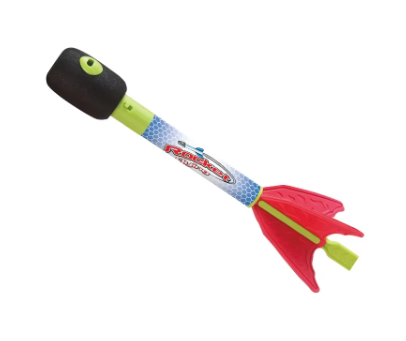 Toy rocket launcher with light, black handle, green shaft and red fins