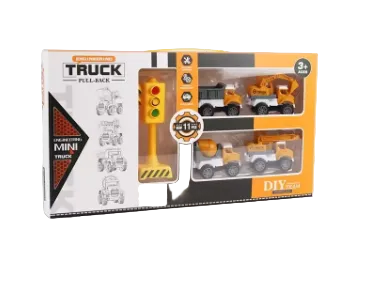 Boxed mini truck building set with three construction vehicles and DIY accessory parts