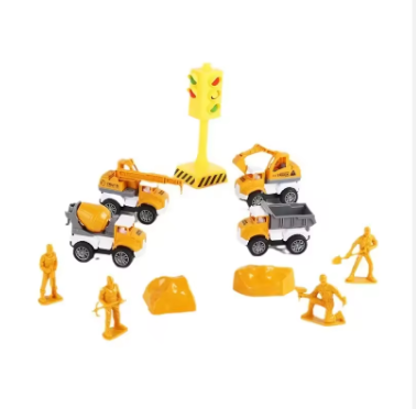 Construction vehicle toy set with orange vehicles, crane, worker figures, and small accessories