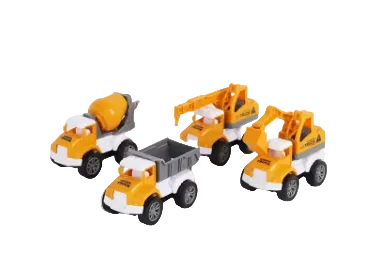 Mini construction vehicles toy set: orange and gray trucks with buckets and platforms