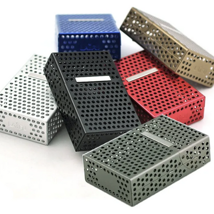 Perforated plastic cigarette case set with white, black, red, beige, and green boxes