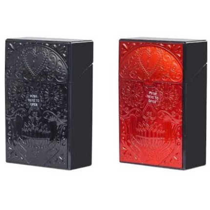 Plastic cigarette case, embossed skull design in black and red