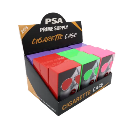 Plastic cigarette case box with PSA Prime Supply branding, open with colorful cases inside