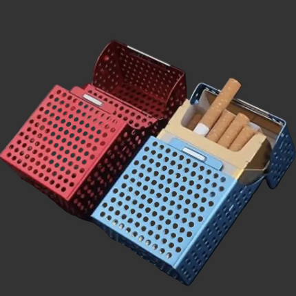 Open perforated plastic cigarette case with red and blue shells and cigarette sticks