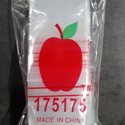 Clear small ziplock bag with red apple print and 175175 label, made in China