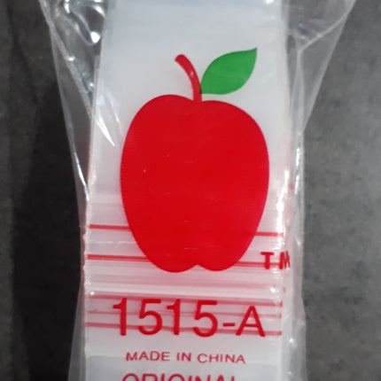 Clear ziplock bags with red apple logo, labeled 1515-A, 35mm x 35mm
